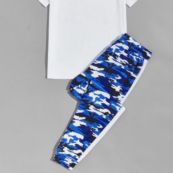 Casual Streetstyle Blue Camo Men Graphic Top & Sweatpants Set - Picture 4 of 6